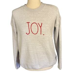 Rae Dunn Joy Holiday Christmas Sweater Light Gray Red Small